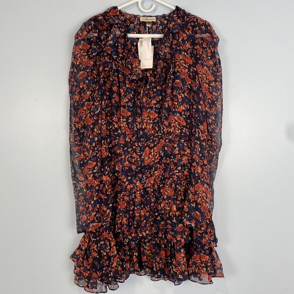 NWT Ulla Johnson Cecily Cosmos-Print Silk Lurex Mini Dress 12 Ruffle Cocktail Pa - Picture 2 of 15